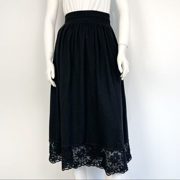 Vintage Cacharel Black Wool Blend Midi Skirt with Lace Hem - Picture 1 of 11